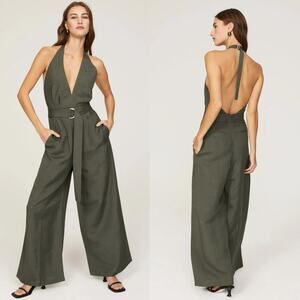 Adam Lippes Halter Jumpsuit Sleeveless Belted Wide Leg Linen Blend Sage Green 2